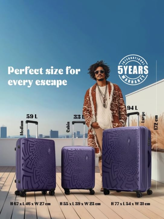 Image of Skybags Bohemia Polypropylene Set of 3, Cabin and Check-in Luggage with TSA Lock, 8 Wheel, Chrome Zipper, Spacious with 5 Years International Warranty, Purple Suitcase