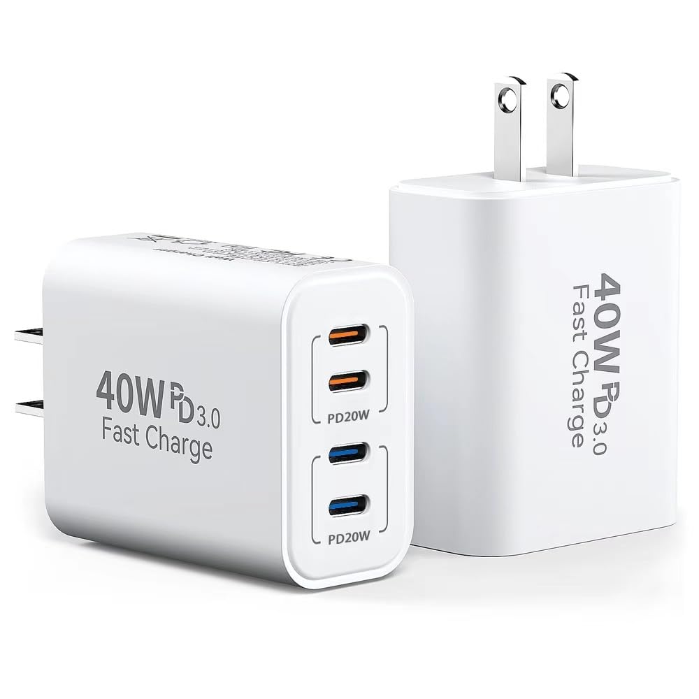 40W USB C Charging Block, 4 USB C Ports, Type C Wall Plug Fast Charger Cube, Power Adapter Box for iPhone 16, 15, 14, 13, 12, 11, Galaxy Phones, Watch, Tablet, Smartphones - 2Pack