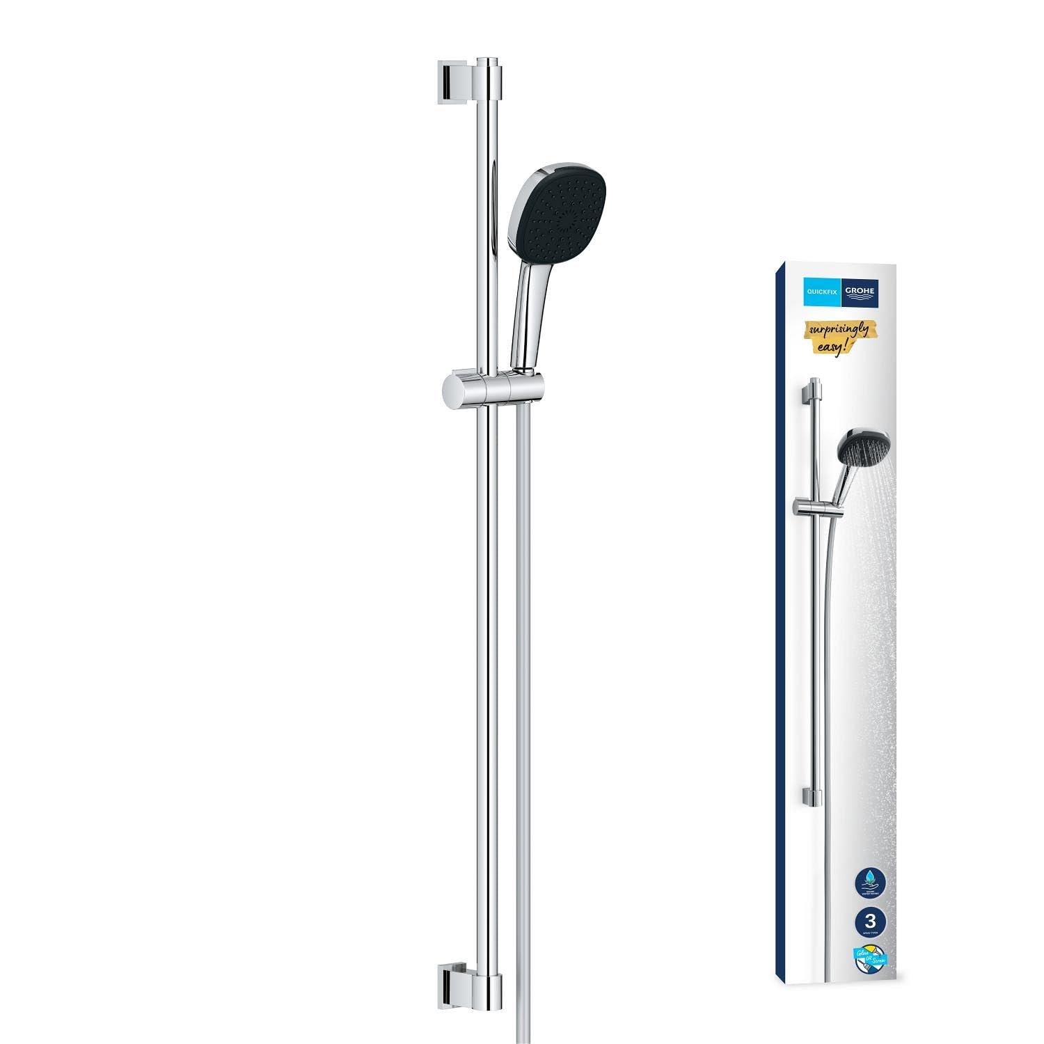 GROHE Vitalio Comfort 110 Set Saliscendi Doccia (3 getti Rain Jet Massage, asta 600 mm, flessibile 1,75 m, SpeedClean anticalcare), Cromo, 26932001