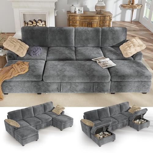 Image of Hanherry 104 inch Sectional Couch with Pull Out Sofa Bed,Chenille Sleeper Sofa with Storage Ottoman & USB Charging,Comfy U Shaped Modular Couches for Living Room,Apartment