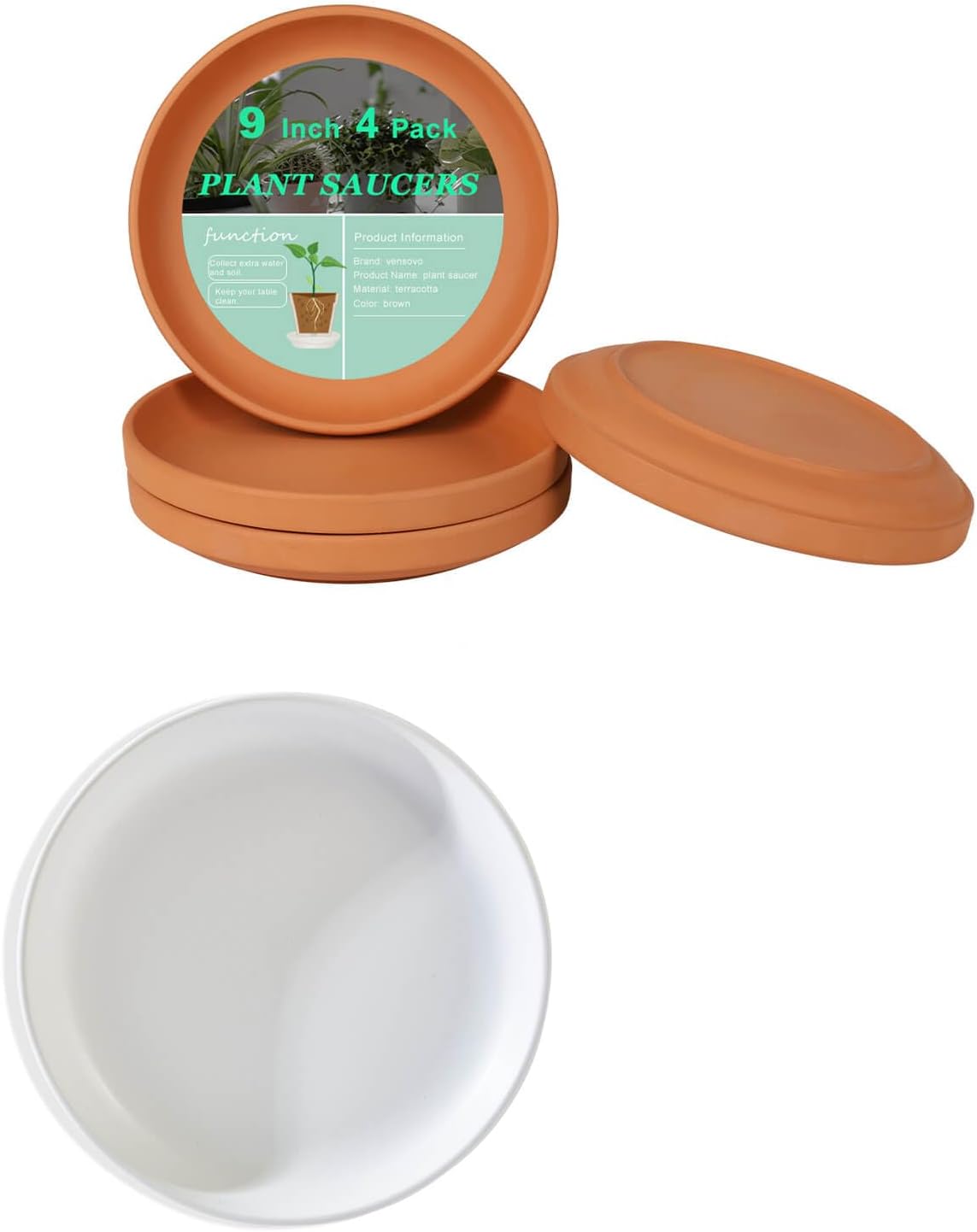 vensovo Plant Pot Saucer Set - Includes 1 Pack 9-Inch Ceramic Plant Saucer and 4 Pack 9-Inch Terracotta Plant Saucer,Perfect for Indoor or Outdoor Use