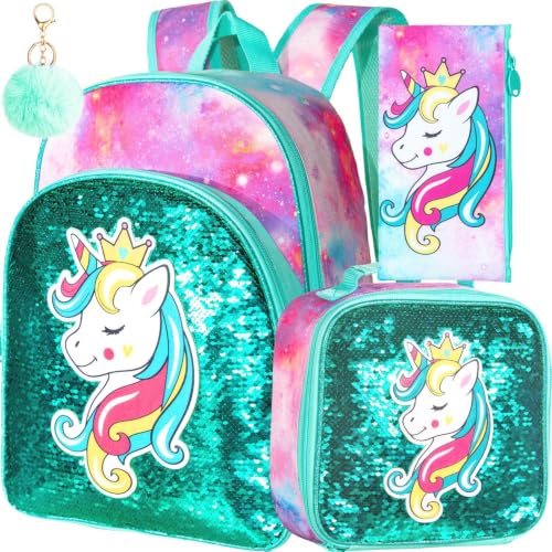 Image of 3PCS Unicorn Backpack for Girls, 16 inch Sequins Kids Bookbag with Lunch Box, School Bags for Elementary Preschool Kindergarten - Green