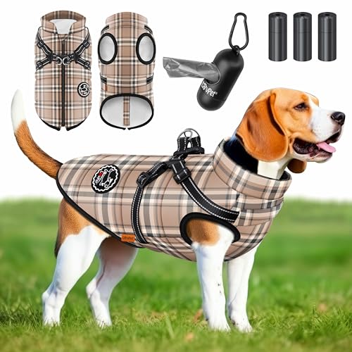 LOVPET® Hundejacke Hundemantel mit Geschirr, inkl. 45 Stück Kotbeutel + Spender, Hunde Winterweste gefüttert wasserdicht, Gepolsterte Weste Mit Brustgurt, Reflektoren, D-Ring XL, Beige