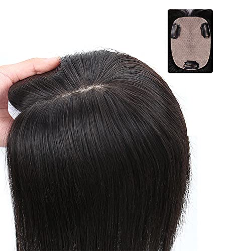 RemeeHi Clip in Silk Base Hair Topper Human Hair for Women Thin Clip on Top Hairpiece Small Toupee for Thinning Hair 8x12 Natural Color 12 Inch