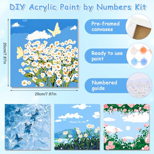 Image of HASTHIP 4PCS DIY Acrylic Paint by Numbers Kit with Frame, Floral & Landscape Canvas Art Set, Acrylic Paints & Brushes Included, Wall Decor Craft Kit for Adults & Beginners, 20x20cm