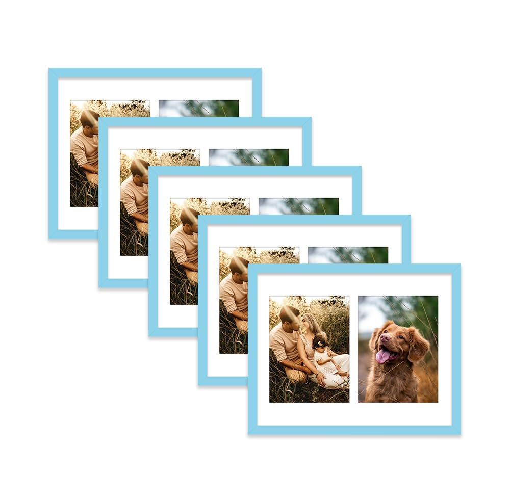 Light Blue Multi Photo Frame - Holds 2 x 8x6 Pictures, Family Collage Picture Frame for Wall Display, 14x11 Frame size, Set of 5