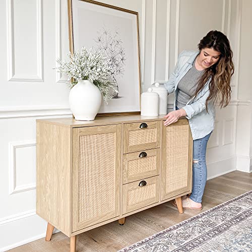 PHI VILLA Rattan Cabinet - Sideboard Buffet Accent Cabinet with Doors and Drawers, Rattan Console Table