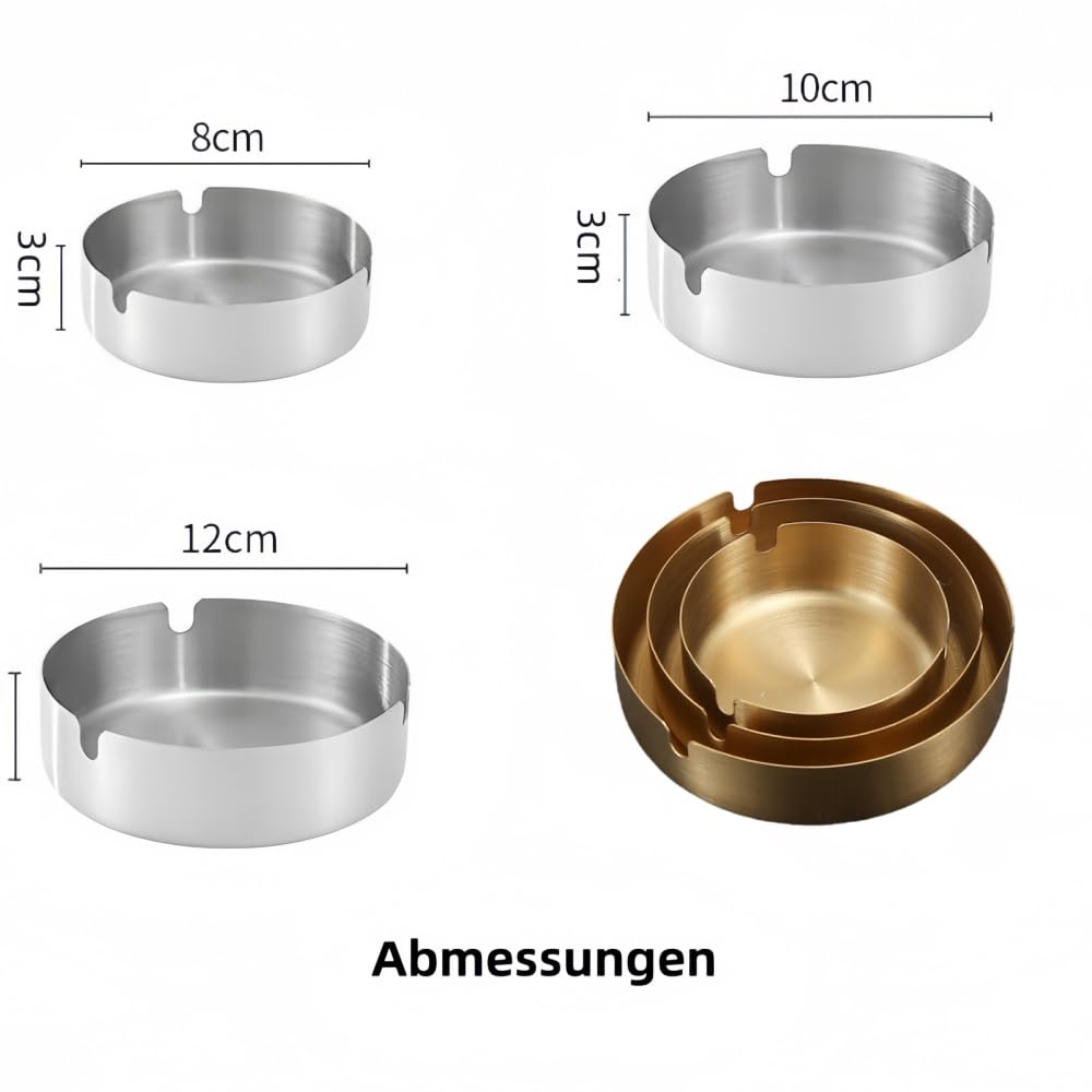 Lot de 6 cendriers en acier inoxydable avec rainures en U - Coupe-vent - 8/10/12 cm - Doré/argenté - Table de balcon de jardin - Cadeau moderne (10 cm, doré 6)