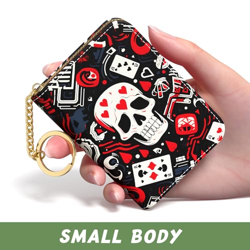 Image of Aiawoxc Credit Card Holder, Small RFID Wallet Slim Leather Card Organizer Case with Zipper and Keychain, Abstract Skull
