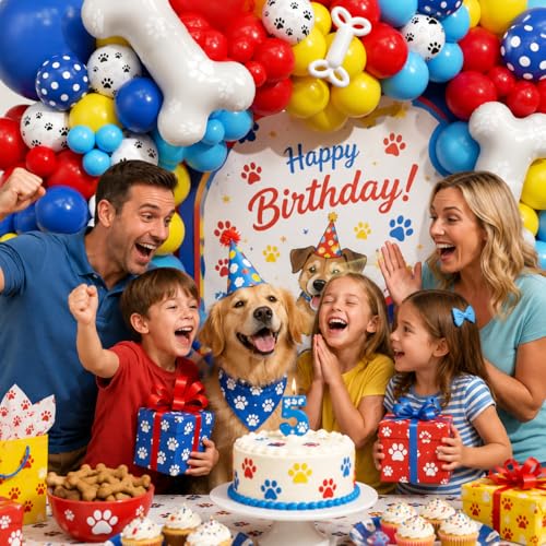 Image of PTGUOLUO Paw Balloons Garland Arch Kit 201Pcs with Dog Bone Foil Balloons and Paw Print Balloon, Royal Blue Yellow Red Balloons Arch Kit for Paw Birthday Baby Shower Party Decorations