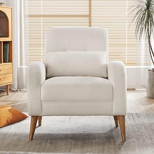 Hison Mid-Century Modern Accent Chair for Living Room Cozy Armchair Reading Gaming Lounge Chair with Solid Wood Legs for Bedroom Office White（1pcs）