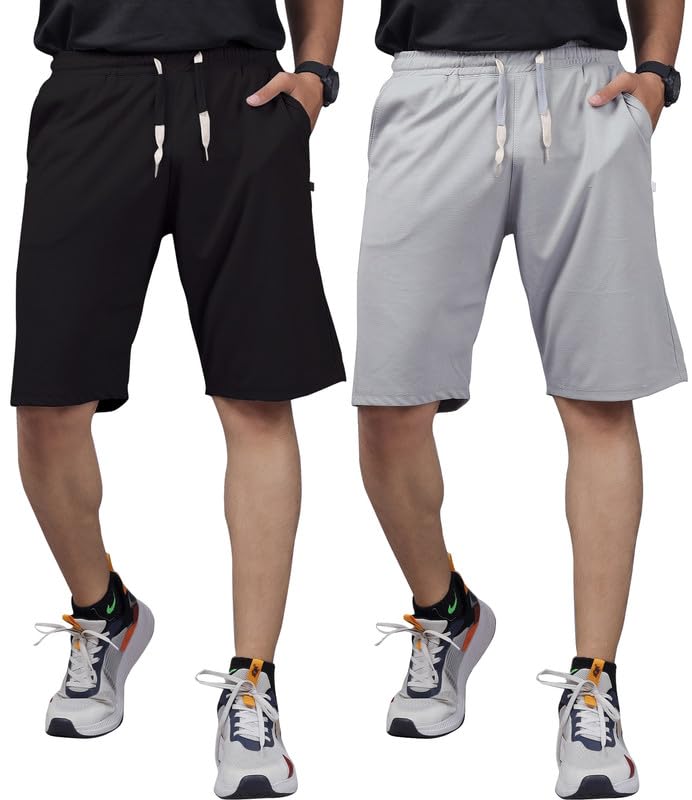 Men's Blend Shorts with Stylish Design Comfortable & Versatile Active Sports Wear Combo Pack (_Black-Light Grey_)_L-image-35