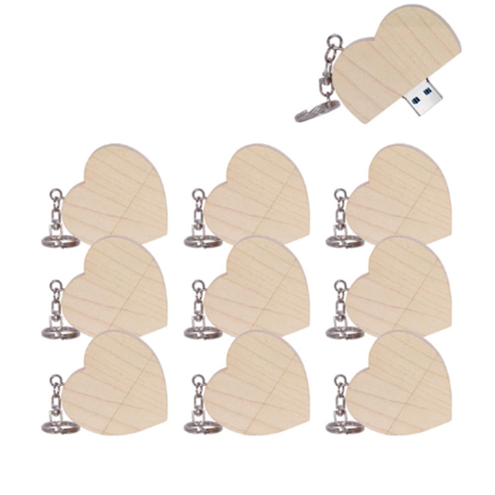 10 PZ chiavette USB 2.0 da 64GB Flash Drive memoria USB stick in legno a forma di cuore (2.0 64GB, Heart Shape-1)