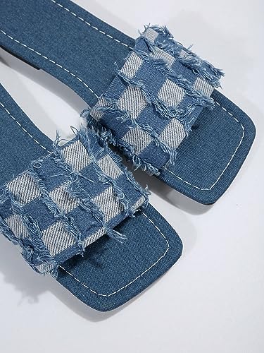 GORGLITTER Women's Denim Square Toe Flat Sandals Raw Trim Jean Sandals Fashion Pattern Slide Sandals4