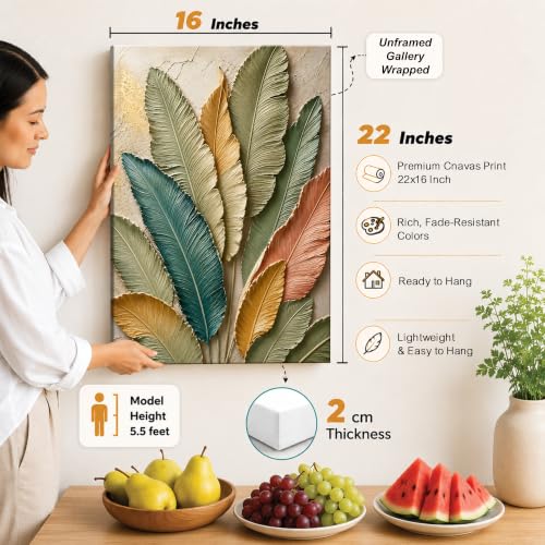 Image of PAINTINGMANTRA Textured Embossed Floral Leaf Canvas Wall Art Painting for wall decoration, Multi-Color Feather & Leaf Motifs Stretched Canvas Painting for living room, bedroom, Home and office, 16x22 Inch