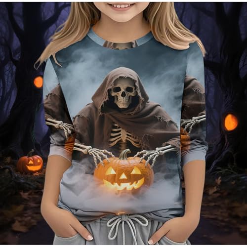 Girls Halloween Shirt 3/4 Sleeve Pumpkin Print Tunic Top for Kids Cute Holiday Fall Outfit Comfortable Tees2