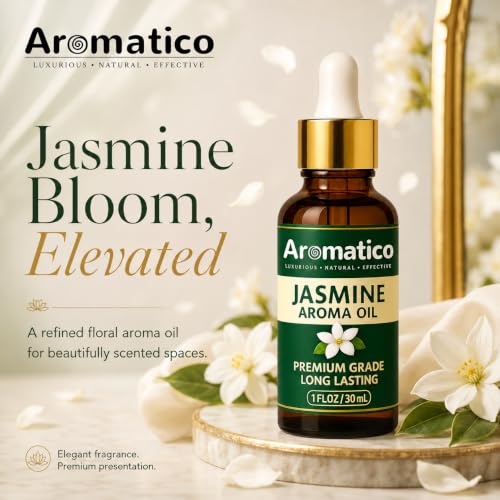 Image of AROMATICO Jasmine Diffuser Oil for Long-Lasting - Natural Home Fragrance Oil for Aromatherapy, Meditation & Concentration | Versatile Use in Diffusers, Air Fresheners 30ml