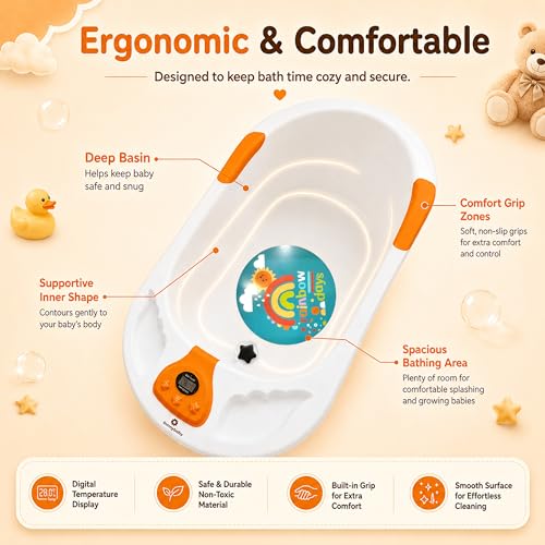 Image of StarAndDaisy Baby Bath Tub for 0 to 5 Years with Temperature Sensing Meter & Anti-Skid Legs /Baby Bathing Tub for Newborn & Toddlers /Kids Bath Tub (SBT-White Orange)