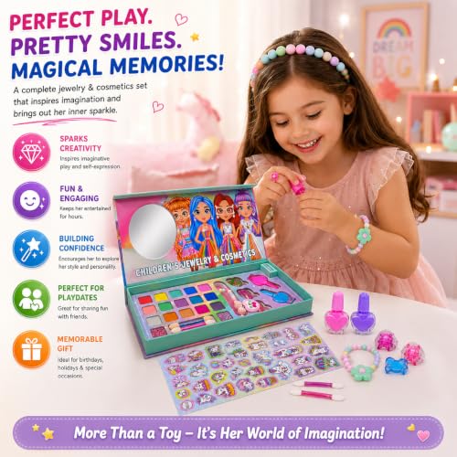 Image of PLUSPOINT Kids Makeup Kit for Girl, Washable Makeup Set for Girls, Real Makeup for Kids, Girl Toys Princess Children Play Makeup Kit with Lights and Accessories Gifts for Girls Age 4+Year Old Kids