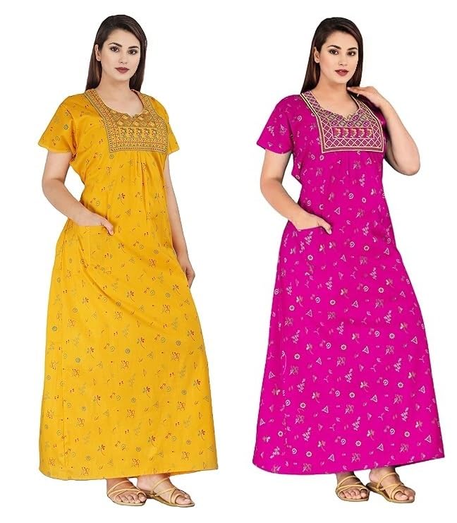 Image of OFEEFAN Women's Cotton Embroidered Jaipuri Nighty Gown - Pack of 2 Rajasthani Print Maxi Night Dress with Pocket - Soft & Comfortable Ladies Sleepwear & Loungewear