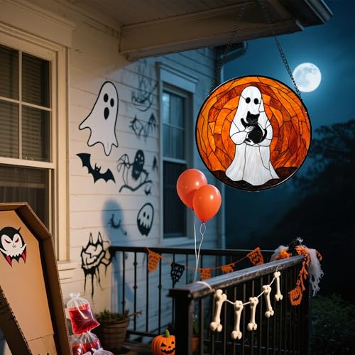 Image of Stained Glass Window Hanging - Halloween Cute White Ghost Black Cat Suncatcher for Doors Garden Home Spooky Orange Sun Catchers Gothic Decor Horror Gift for Women Men Friend Boy Girl 11.8 in