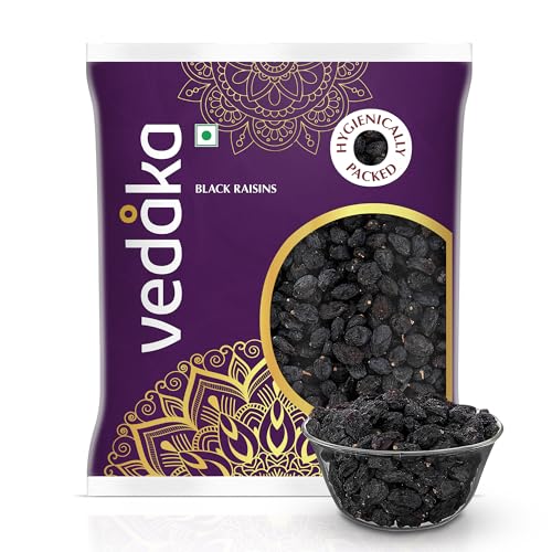 Image of Amazon Brand - Vedaka Black Raisins (Seedless) | 500 g | Kali Kishmish, Kali Draksh, Dry Fruits | Sweet Fruity Taste and Soft Chewy Texture | Antioxidant-Rich | Low-Fat Snack | Immunity Booster
