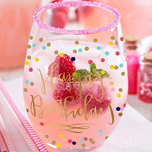 14K Gold Leaf Happy Birthday Colored Party Dots 19Oz Stemless Wine Glass By Fine Occasion #TOP2
