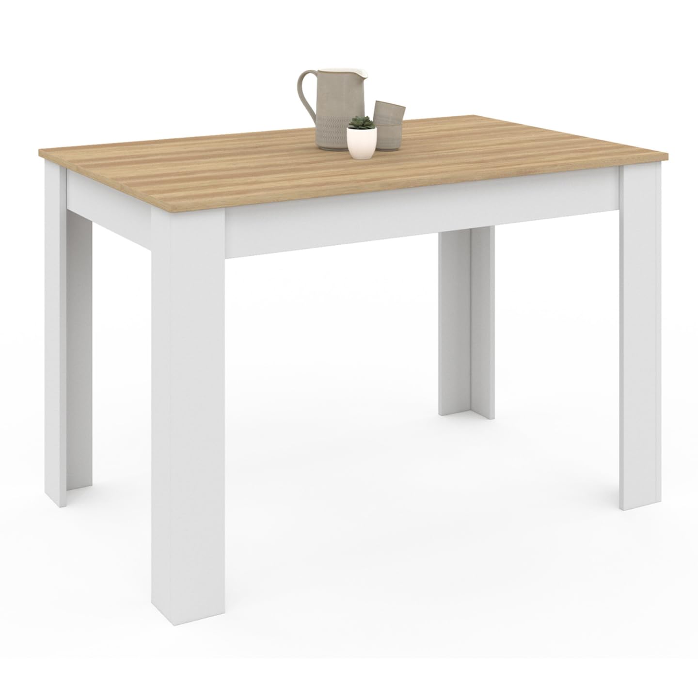 IDMarket ROZY - Mesa de comedor rectangular para 4 personas, color blanco, bandeja de haya, 110 cm