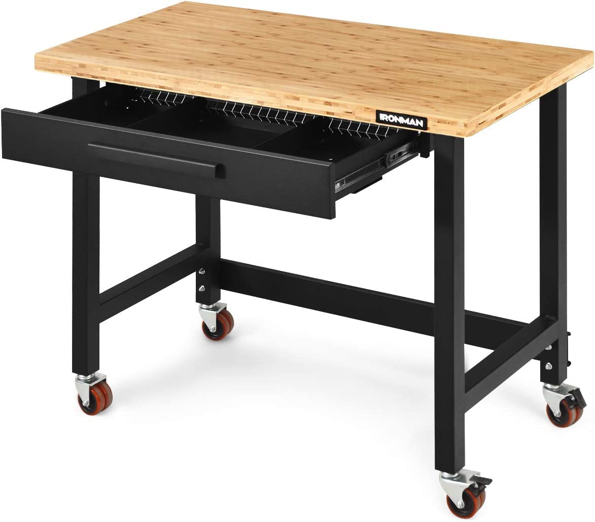 Workbench, 48" Wild Mobile Workbench, Solid Wood Top Workbench for Garage, 500 LBS Workbench with Two Lockable Casters, Sliding Organizer Drawer