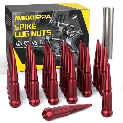 Image of MIKKUPPA M14x1.5 Wheel Spike Lug Nuts, Red 24PCS Closed End Nuts | Cone /Conical Bulge Seat, With 1 Socket Key, Replacement for Chevy Silverado Aftermarket Wheel