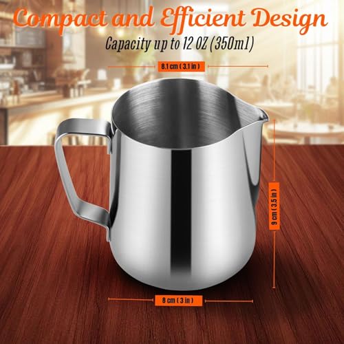 Image of Flexzion Stainless Steel Milk Frothing Pitcher - Milk Boiler Cup Jug Creamer Accessories Suitable for Barista, Espresso Machines, Cappuccino Coffee, Milk Frother, Latte Art 12 oz (350 ml)