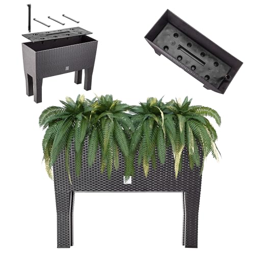 KADAX Blumentopf auf Beinen, Hochbeet aus Kunststoff in 2 Größen, Pflanzkasten in Rattanmotiv, Blumenkasten für Garten, Balkon, Terrasse, Pflanztrog, Kräuterbeet (80cm / Dunkelbraun)