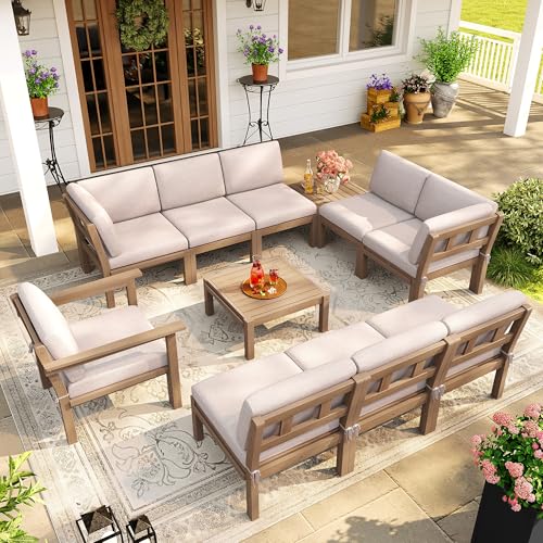 Image of Modular Outdoor Patio Furniture Coffee Table, HIPS All-Weather Outdoor Sectional Sofa Table, Side Interlock for Expansion, Patio Side Table for Backyard, Balcony, Deck (Teak)
