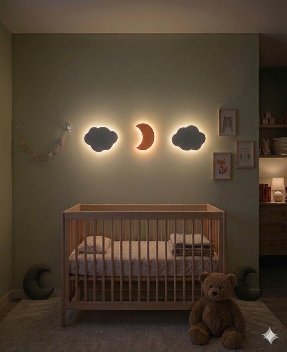 EUNOIA DREAM Pack de 3 Apliques Lámparas de Pared LED 1 Luna - 2 Nubes, Quitamiedo Habitación Infantil, Luz Nocturna Bebés y Niños, Luz Cálida, Ideal recién nacidos Baby Shower, Sin Cables Peligrosos