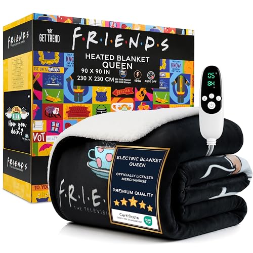 Get Trend Friends TV Show Heated Blanket Electric Queen Size Luxurious Fleece Blanket Fast Heating 9 Heat Settings Auto Shut-Off 90x90in Gifts for Men Women (Black Friends Queen US)