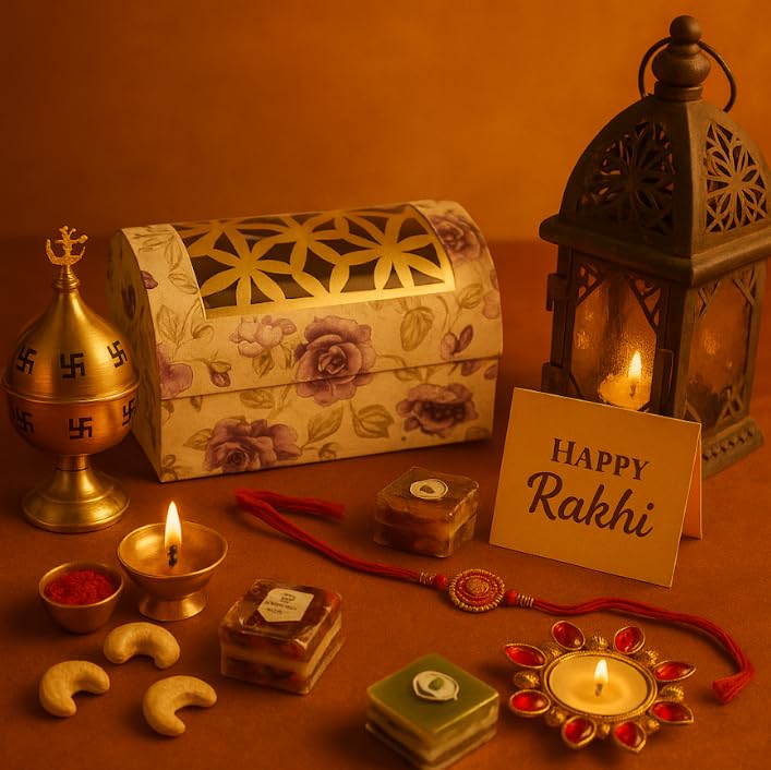 Ghasitaram’s Rakhi Set For brother’s Sweet Bite’s Gift Hamper (6 pc) with Rakhi, Roli Chawal and Happy Raksha Bandhan Greetings Card with Packed Together in a Beautiful Box
