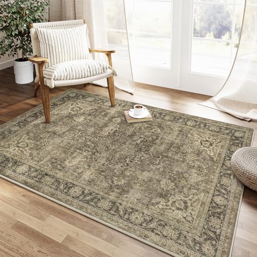 3x5 Washable Brown Vintage Area Rug for Entryway Non-Slip Low Pile Traditional Carpet Retro Distressed Soft Thin Door Mat Small Accent Throw Rug for Office Kitchen Bathroom Indoor