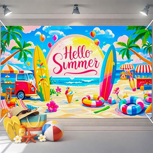 Image of BlissYard Hello Summer Banner 71 x 43 Inch Summer Party Decorations Backdrop Beach Car Surfboard Ice Cream Luau Party Decorations Pool Party Photo Backdrop Indoor Outdoor Wall Decor