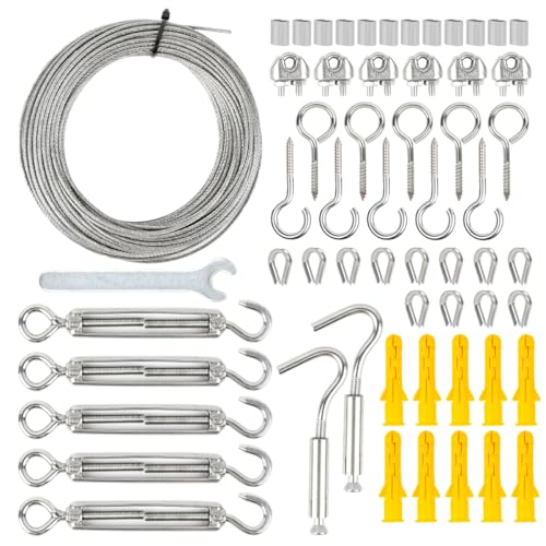 YOPEUC 59 Pcs Garden Wire Rope Kit, 30M Garden Wire For Climbing Plants, Wire Trellis Tension System, 304 Stainless Steel M5 Turnbuckle Wire Tensioner, Catenary Wire Kit, Cable Railing Kit