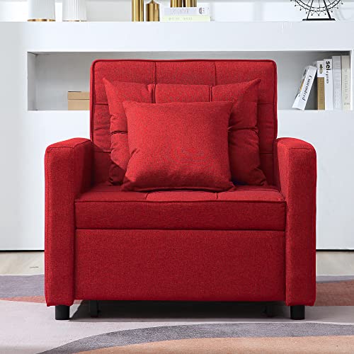 Bigsyy 3-In-1 Chair Bed, Folding Sofa Bed With Adjustable Backrest, Pull Out Sleeper Chair Bed, Multi-Functional Single Armchair,Modern Linen Fabric Chair Bed (Linen Red) #TOP2