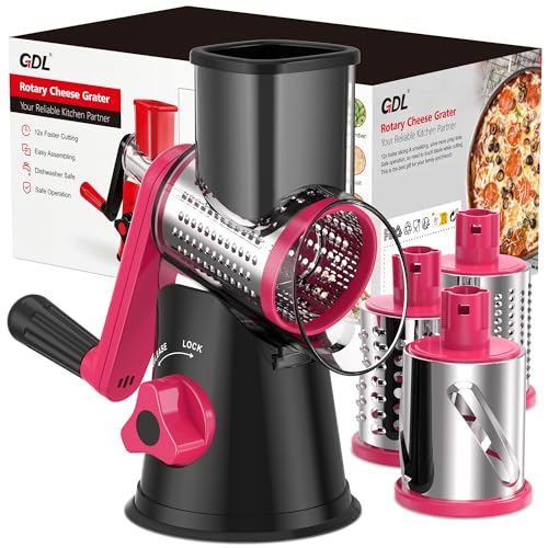 Image of Cheese Grater Rotary, Rotary Grater for Kitchen, Kitchen Vegetable Slicer with 3 Drum Blades, Fast Cutting Cheese Shredder for Vegetables and Nuts (Black+Rosy, 3 BLADES)