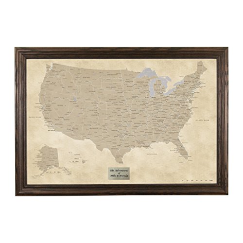 Personalized Vintage USA Push Pin Travel Map with Solid Wood Brown Frame and Pins - 27.5 inches x 39.5 inches