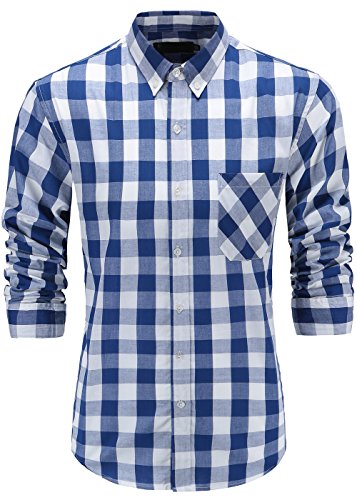 GoldCut Men's Slim Fit Long Sleeve Button-Down Plaid Dress Shirt Large Blue White