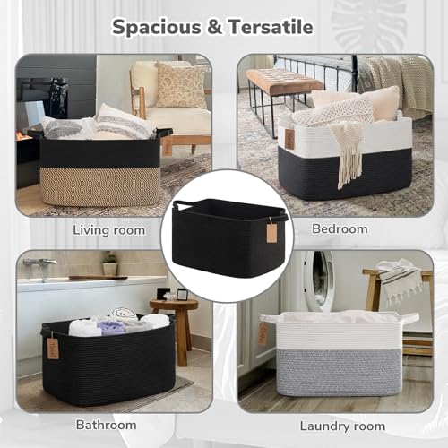 Image of Goodpick 75L Extra Large Woven Rope Blanket Basket, Rectangle, Black | 22 inch x 17 inch x 12 inch Decorative Storage Basket for Pillows, Toys & Clothes, Fits Bedroom & Nursery Organization, Writable Label