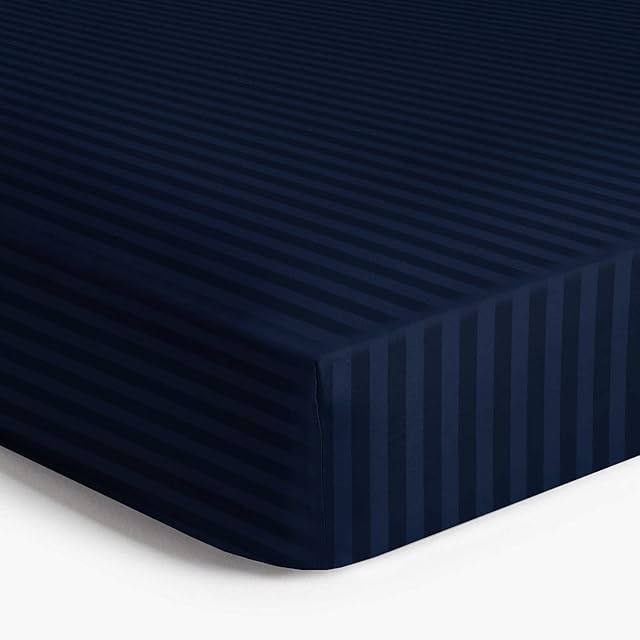 Fitted Sheet Super king 25cm Soft Brushed Microfiber with Satin Stripes Fade Resistant Easy Care Breathable Bed Sheets (Navy, Super King)