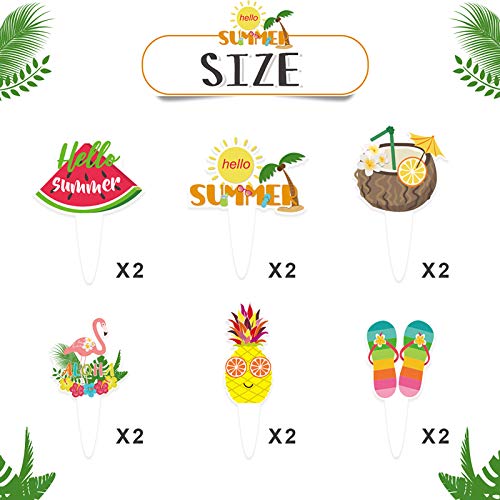 12Pcs Hawaii Cupcake Topper, Hello Summer Party Decorations, Tropical Summer Party Supplies, Double-Sided Aloha Flamingo Pineapple Sign #TOP2