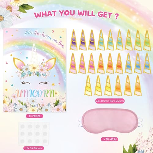 Image of WERNNSAI Pin the Horn on the Unicorn Birthday Party Game | Unicorn Birthday Decorations,Pin The Tail Game for Classroom Activities,28 inch x 21 inch Poster with 24 Stickers and Blindfold