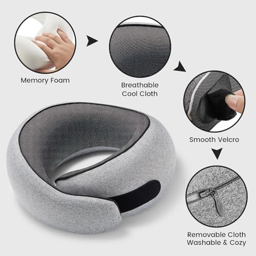 Travel Neck Pillows, 100% Memory Foam Filling, Travel Pillows for Airplanes, Compact and Ergonomic Design, Best for Sleeping Plane Train Travel Essentials (Light Grey)