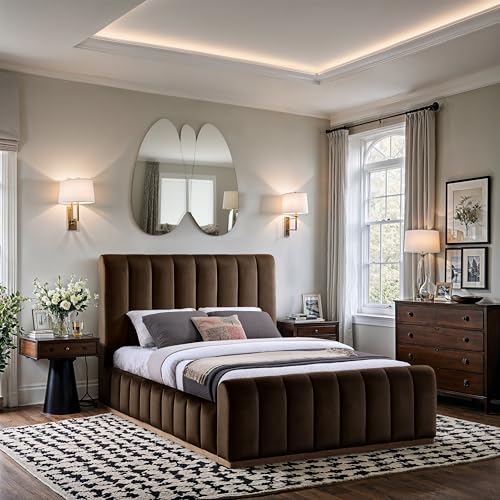 Image of Meridian Furniture AmaraBrown-Q Collection Modern | Contemporary Queen Bed, Ultra Luxe Brown 460 GSM Velvet, Natural Finish, Solid Wood Base and Inner Frame, 66.5 inch W x 99 inch D x 51 inch H, Brown, Queen