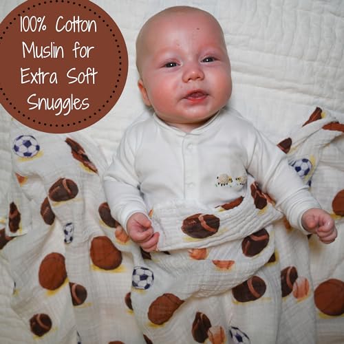 Image of LollyBanks Muslin Swaddle Blanket, 100% Muslin Cotton Soft Baby Blankets for Boys, 47 X 47 Inches Soft and Cozy Baby Wrap Swaddle Breathable Infant Blankets, Newborn Essentials (Sports Print)